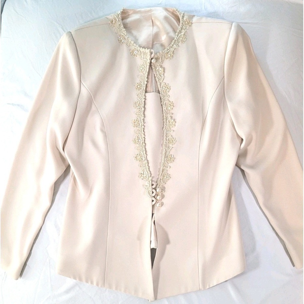 Vintage Beige Beaded Lace Blazer Jacket Pearl Buttons Formal Wedding Size 10